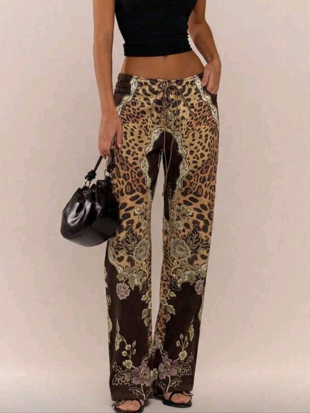 Peacock Print Lace Up Straight Leg Printed Jeans Coo